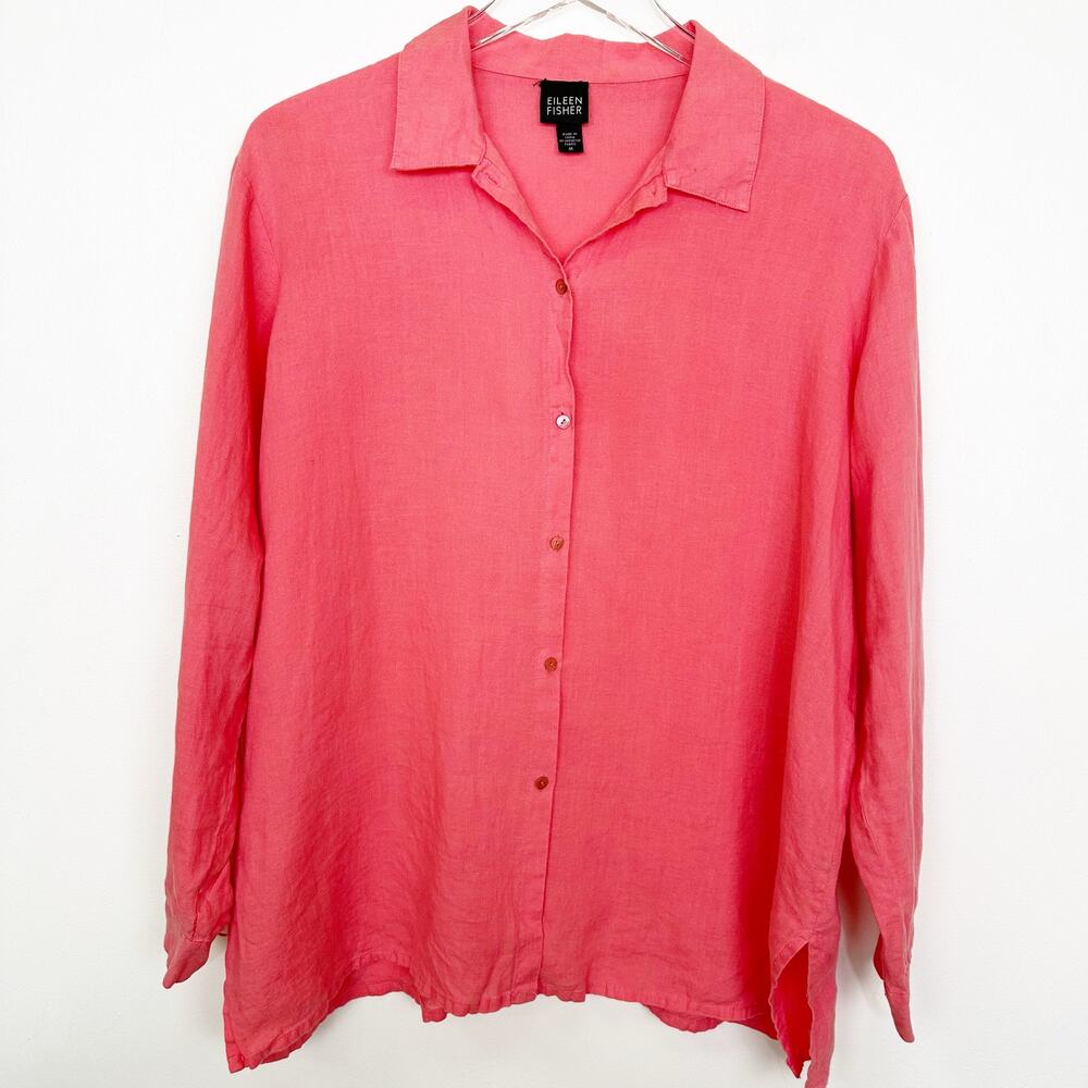 Eileen Fisher 100% Irish Linen Coral Long Sleeve Blouse M